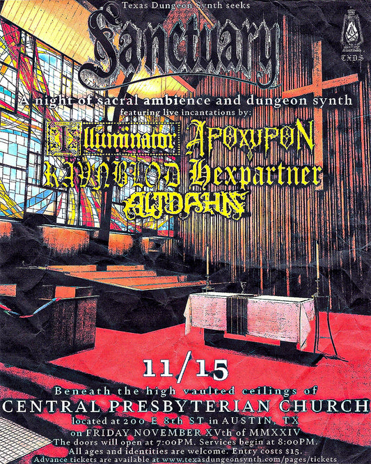 {11/15/24 in Austin at Central Presbyterian Church} TXDS Sanctuary - Illuminator / Apoxupon / Ravnblod / Hexpartner / Altdahn [Ticket] (Texas Dungeon Synth)